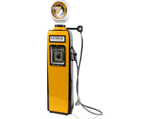 A National Benzoline mixture petrol pump, with illuminated top, sight glass and arch, with a gallon and half gallon panel mar