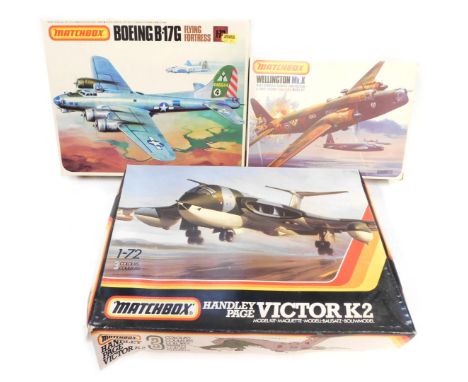 Matchbox model kits, 1:72 scale, comprising Handley Page Victor K2, Wellington Mk X, and a Boeing B17G Flying Fortress, boxed