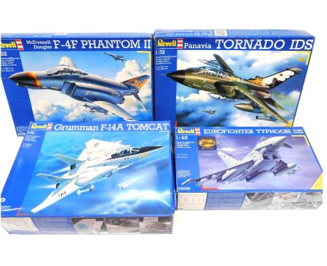 Revell model kits, comprising Euro Fighter Typhoon, Grumman F14A Tomcat, McDonald Douglas F4F Phantom 2, and a Panavia Tornad