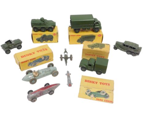 Boxed and unboxed Dinky Toys, include 230 Talbot Lago racing car, 641 Army one tonne cargo truck, 621 three tonne army wagon,