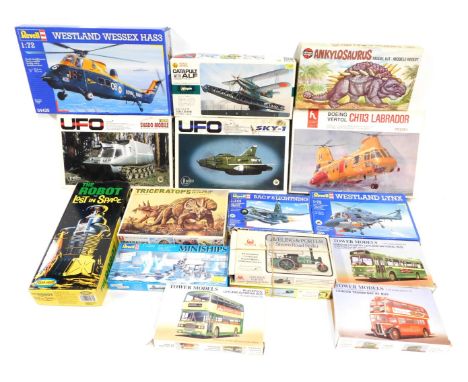 Hasegawa, Hobby Craft, Revel and other model kits, including a Boeing Vertol CH113 Labrador helicopter, BAC F6 Lightning, UFO