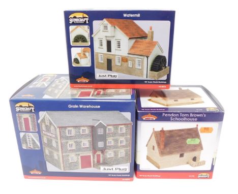 Bachmann Branchline OO gauge Scenecraft buildings, comprising 44-0079 Grain Warehouse, 44-0076 Water Mill, and 44-156 Pendon 
