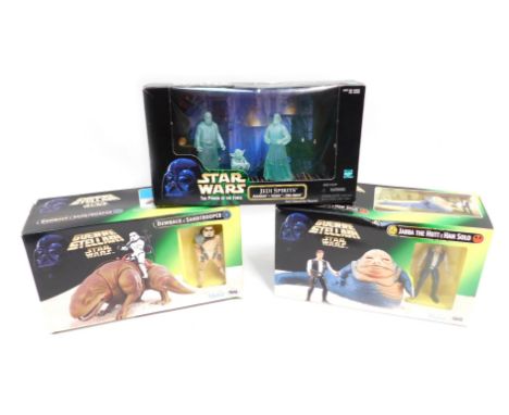 Kenner Star Wars play sets, comprising Dewback E Sandtrooper, Jabba the Hutt and Han Solo, and Star Wars The Power of the For