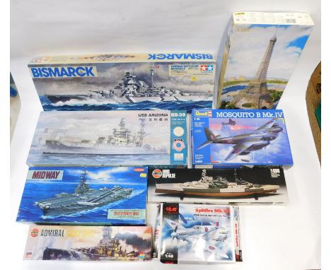 Airfix, Tamiya, Heller and other model kits, including Admiral Graff Spee, HMS Repulse, USS Aircraft Carrier Midway, USS Ariz