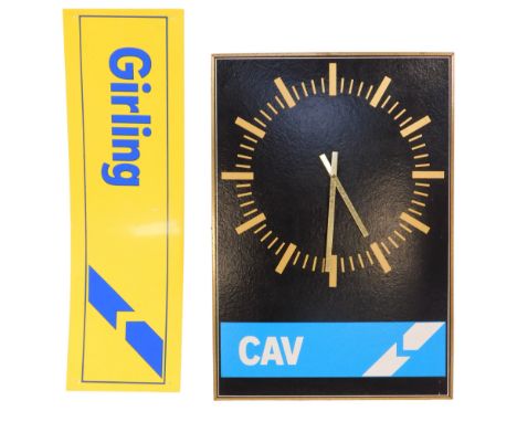 A Cav Automobile advertising wall clock, with a black cardboard dial, in brass coloured casing, 60cm high, 40cm wide, and a G