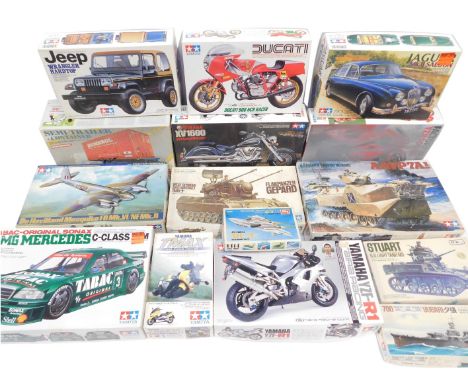 Tamiya model kits, including a US Marine AAVP 7A1 W/UGWS, Yamaha YZR500, Ducati 900 NCR Racer, Jaguar MkII saloon, Yamaha YZF