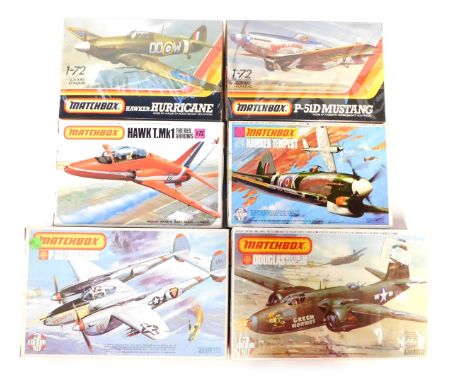 Matchbox model kits, 1:72 scale, comprising Hawker Tempest, Hawk T Mk 51, Hawker Hurricane, P-51D Mustang, Boston Mk IV Havoc