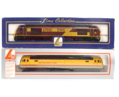 Lima models OO gauge diesel locomotives, comprising Class 47 locomotive 47803, Infrastructure yellow and grey livery with red