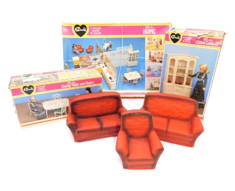 Sindy by Pedigree furniture, comprising Sindy's china cabinet, Sindy's dining table and chairs, Sindy's home, and a Sindy Che