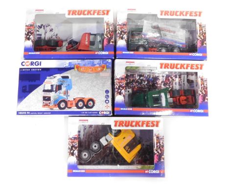 Corgi Hauliers of Renown and Truckfest diecast 1:50 scale tractor units, comprising Volvo FH Maxwell Freight Liberator, Scani