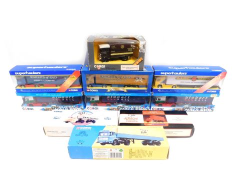 Corgi diecast vehicles, including TY86624 Scania curtain side Knights of Old, Corgi Commercials Scammell Scarab Railfreight, 