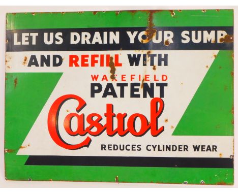 A Castrol Oil metal and enamel advertising sign, marked Let Us Drain Your Lubricant and Refill, on a green, black and white g