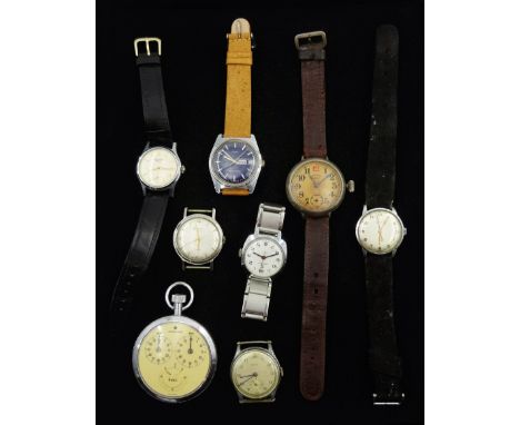 Collection of gentleman's stainless steel manual wind wristwatches including Services, Everite Seven, Cyma, Rotary, Timex and
