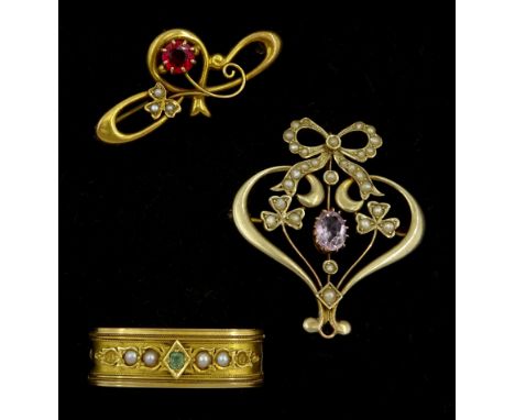 Victorian gold pearl and green stone set brooch, gold amethyst and pearl pendant/brooch, stamped 9ct and one other 9ct gold s