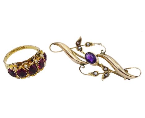 Victorian 9ct gold five red/purple stone and chalcedony ring, the shank with bright cut decoration, Chester 1876 and a rose g