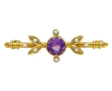 Early 20th century gold round amethyst and pearl brooch, stamped 15ct