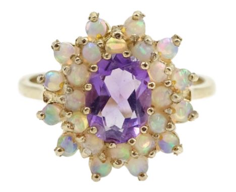 9ct gold amethyst and opal cluster ring, hallmarked
