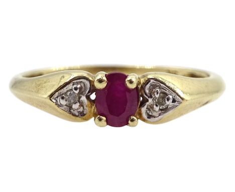 9ct gold ruby solitaire ring with diamond set shoulders, stamped 9K