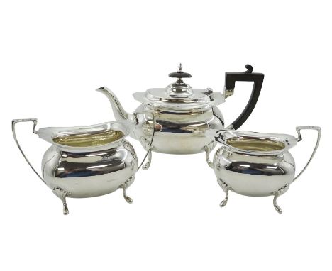 Early 20th century silver bachelors three piece tea set, comprising teapot, twin handled sucrier and milk jug, each of oval b