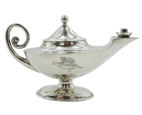 Edwardian silver novelty cigar table lighter, modelled as a Roman oil lamp, the body engraved to one side with bird in flight