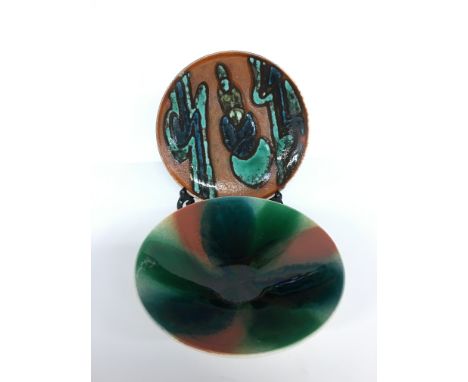 A Poole Pottery Delphis dish in an Abstract design in early textured glazes (8 inches diameter), blue backstamp together with