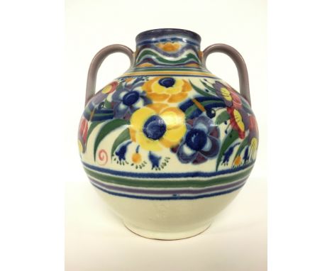 A Carter Stabler Adams Poole Pottery red bodied twin handled traditional vase, shape 901, decorated in the YO design by Mary 