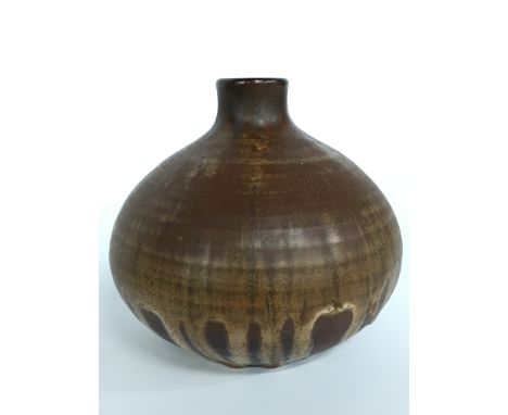 A Poole Pottery red bodied Atlantis Onion vase, decorated in a dripped slip glaze (5 inches high).