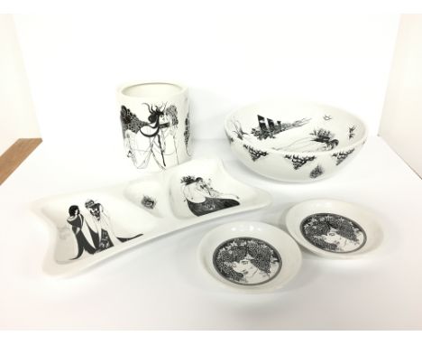 A Poole Pottery Beardsley Collection bowl (8 inches) together with a trinket tray, two pin dishes and a canister.