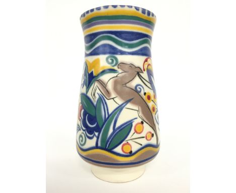 A Poole Pottery red bodied traditional vase, shape 979, decorated in the TZ Leaping Gazelle design, painted by  Eileen Prangn