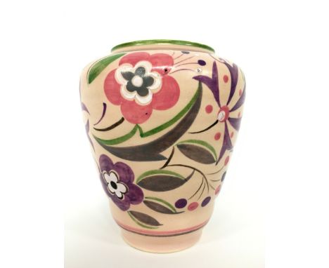 A Poole Pottery traditional vase, decorated in the FR design on a pink ground by Hilda Hampton (7 inches).