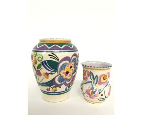 A Poole Pottery earthenware vase, decorated in the V design (6 inches high) together with another miniature vase.