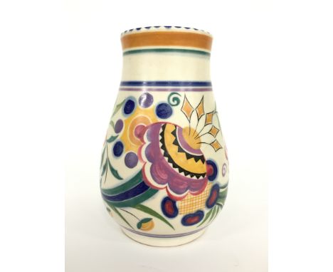A Poole Pottery Earthenware traditional vase, decorated in the BO design, painted by Dorothy James (7 inches high).