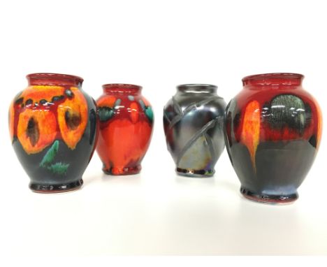 Four Poole Pottery Living Glaze miniature vases, decorated in the Wild Poppy, Alchemy, Infusion and Volcano designs (4 inches