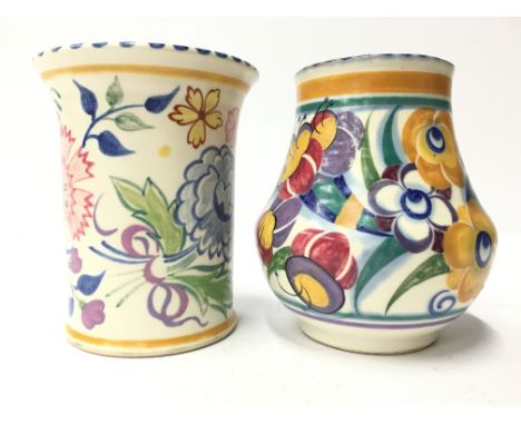 A Poole Pottery traditional earthenware vase decorated in the BN design by Marjorie Cryer together with another decorated in 