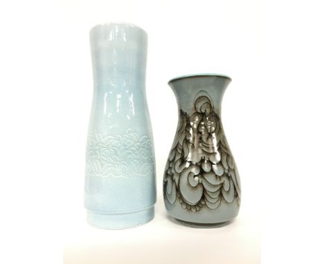 A Poole Pottery Aegean trial vase, hand thrown by Guy Sydenham and decorated in a Sgraffito design by Laura Wills (12 inches)