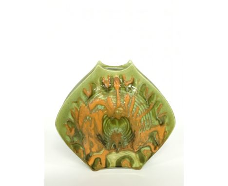 A Poole Pottery Delphis flattened molded vase in early green/yellow glazes (8 inches high).