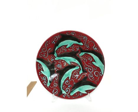 A Poole Pottery Studio Living Glaze Trial dish depicting Dolphins, painted by Anita Harris, a "One-Off" design (16 inches dia
