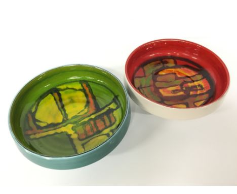 A Poole Pottery Delphis earthenware bowl, shape 88, decorated in a green abstract design by Carole Cutler (7 inches) together