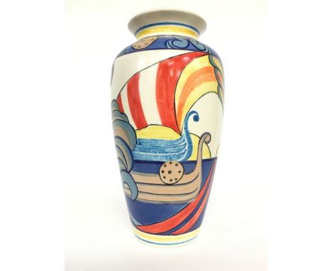 A Poole Pottery Studio vase, Purbeck Series designed by Karen Brown depicting Swanage Vikings (10 inches high).