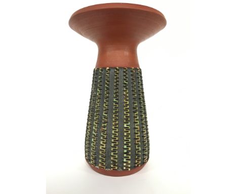 A Poole Pottery Atlantis Flange red bodied vase, shape A9'2, carved and glazed by Jenny Haigh (9 inches high).