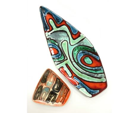 A Poole Pottery Delphis spear dish in vivid Abstract design in early glazes together with a trinket dish by Geraldine O'Meara