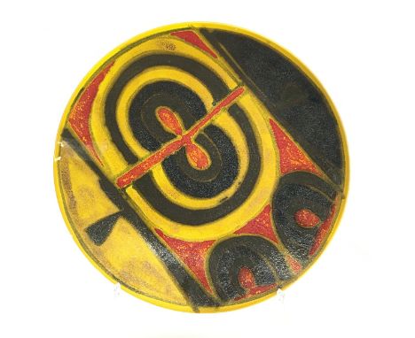 A Poole Pottery Delphis early blue backstamp abstract dish, shape 5, textured yellow glaze, painted by Margaret Anderson (14 