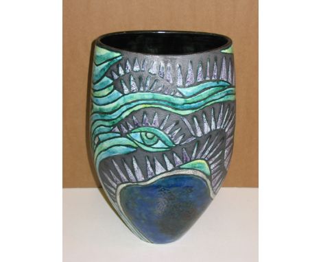 A Tony Morris Home Studio ovoid vase, hand thrown by Alan White, decorated in a stylised representation of Chapmans Pool from