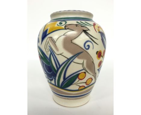 A Poole Pottery red bodied Traditional vase, shape 442, decorated in the TZ design, painted by Hilda Hampton (6 inches high).