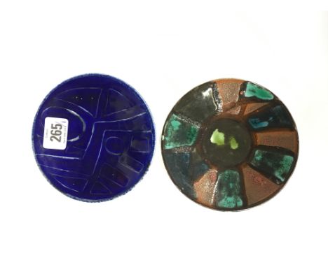 A Poole Pottery Studio pin dish, shape 48, in an Abstract design in textured glazes (5 inches diameter) together with another
