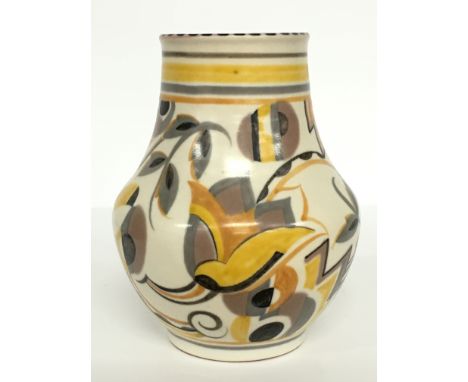 A Poole Pottery red bodied vase, shape 443, decorated in the YE Art Deco Geometric design, painted by Marian Heath (7 inches 