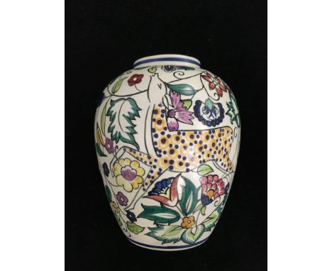 A Poole Pottery earthenware traditional vase painted in the SK Persian Deer design by Susan Russell (6 inches high).