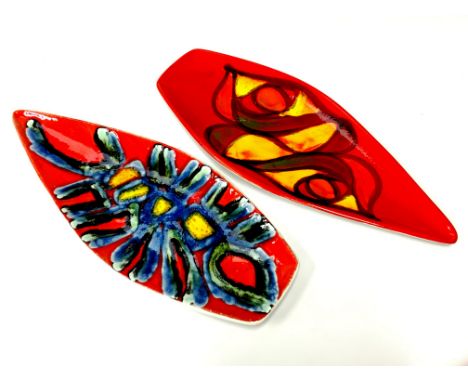 A Poole Pottery Delphis spear dish, shape 82 in a good early palette decorated by Jean Millership together with another by Ju