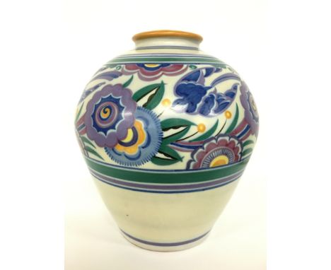 A Carter Stabler Adams Poole Pottery red bodied traditional vase, decorated in the HE Bluebird design by Margaret Holder, imp