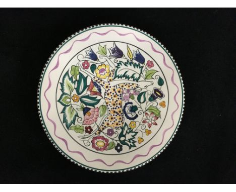 A Poole Pottery earthenware traditional dish, painted in the SK Persian Deer design by Susan Russell (10 inches diameter).
